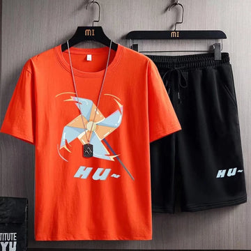 Mens Printed T-Shirt and Shorts Co Ord Set MCSPR22 - Orange Black