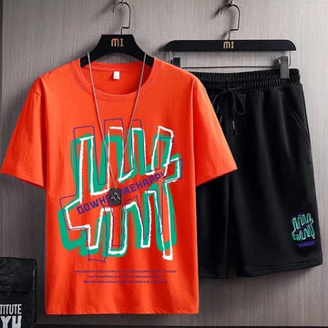 Mens Printed T-Shirt and Shorts Co Ord Set MCSPR15 - Orange Black