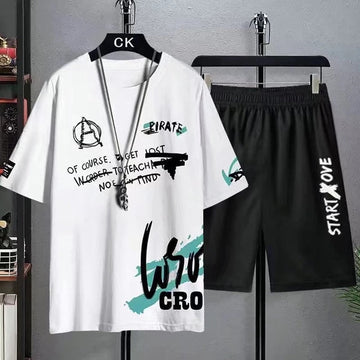 Mens Printed T-Shirt and Shorts Co Ord Set MCSPR2 - White Black