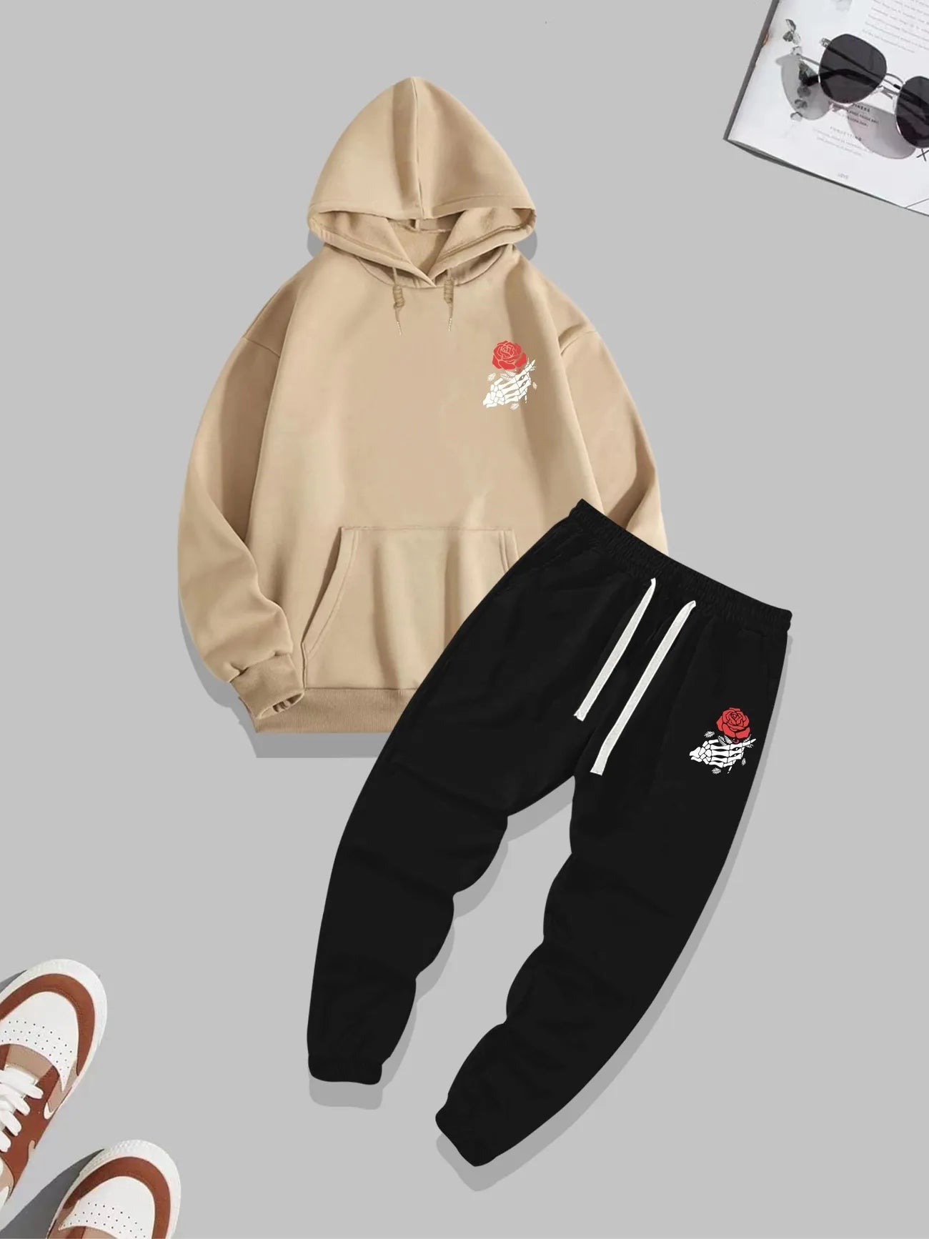 Kangaroo Hoodie and Pants Printed Set - GRUMKANPHS2 - Cream Black