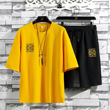 Mens Printed T-Shirt and Shorts Co Ord Set MCSPR23 - Yellow Black