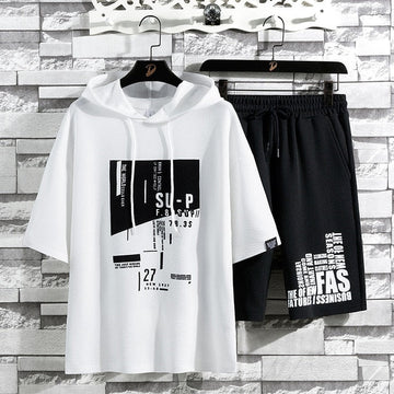 Mens Printed Hooded T-Shirt and Shorts Co Ord Set MCSPR24 - White Black
