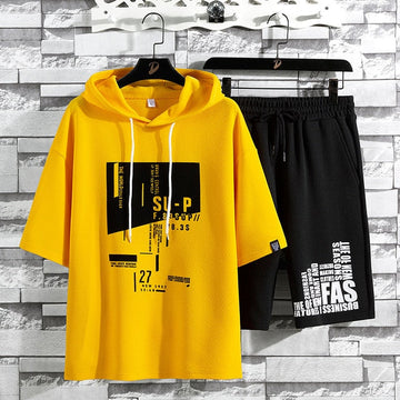 Mens Printed Hooded T-Shirt and Shorts Co Ord Set MCSPR24 - Yellow Black