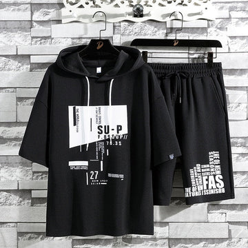 Mens Printed Hooded T-Shirt and Shorts Co Ord Set MCSPR24 - Black Black